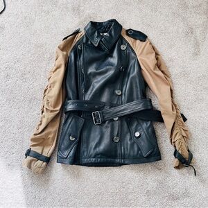 BURBERRY Brand New Lambskin Leather Biker Jacket Black and Tan Size USA 4